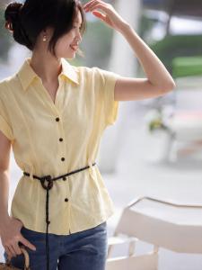 Basic House | Luxurious Dark Blue 100% Tencel Small Sleeve Blouse For Summer