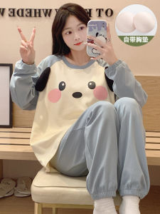 Spring Autumn Long Sleeve Womens Sleepwear Cartoon Pachat Dog Home Clothes Set with Chest Pad Cute Girls Home Suit