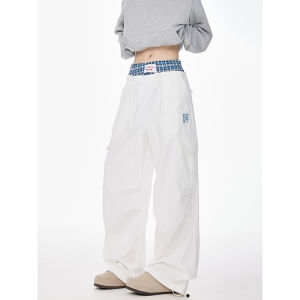 Plaid Stitching Fake Two-Piece Double Waist Head Cargo Pants Men and Women Autumn American High Street Design Loose Slim Looking Loose Pants