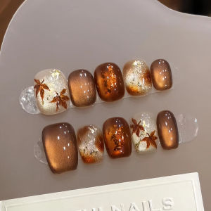 Pure Handmade Amber Cat Eye Nail Tips Autumn Winter Vintage High End Short Brown Nail Art Flowing Color Maple Leaf Know Autumn