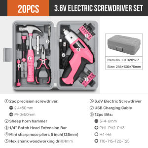Hi-Spec | Hi-Spec 3.6V Cordless Electric Screwdriver Set Pink Rechargeable Power Drill Driver DIY Home Repair Tool Kit Case with Tools