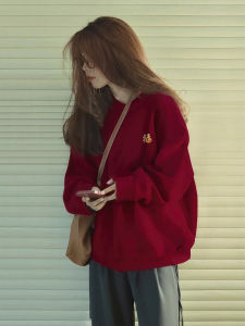 Red Wine Color Fleece-Lined round Neck Thickened Hoodless Womens Sweatshirt Korean Style Long Sleeve Cotton Polyester Blend