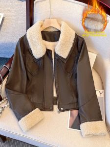 LANQIONG | Warm Wool Lined Brown Leather Jacket with Sheepskin Collar