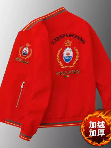 แจ็คเก็ตผู้ชายฤดูใบไม้ร่วง/ฤดูหนาวคอตั้งปักลายหนาบุขนแกะสีแดงปีชี้นำแฟชั่นสตรีทสุดหรู