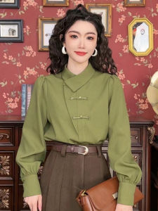 New Chinese Style Womens Retro Hong Kong Green Button Shirt Loose Fit Polyester Long Sleeve Polo Neck Pure Color Autumn Winter Top