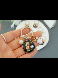 Charm Enamel Pen Holder Teachers Day Gift Keychain Simple Black A-Z Letter Pattern Glass Cabochon Keychain Pearl Keychain