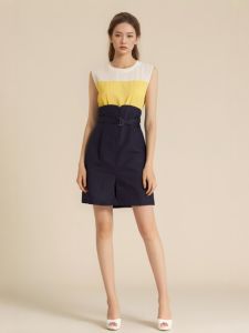 Elegant High Waist A-Line Midi Dress Summer Color Block Belted Waist Chiffon Skirt for Women Commute Simple Style Short Sleeve round Neck