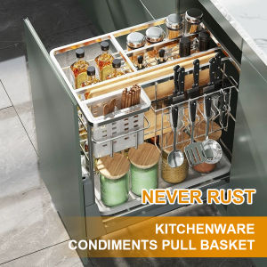 HYM Stainless Pull Out Kitchen Cabinet Condiments Racks Organizer Seasoning Set Pull Out Tray Dish Cabinet Spice Rack