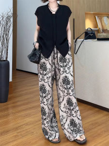 New Chinese Style Floral Print Loose Wide Leg Pants Womens Autumn plus Size Pear Shape Body Slimming Floor Length Trousers