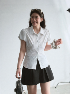 JULULOOK | Áo Sơ Mi Dáng Rộng Tay Bồng Cổ Đứng Sọc Nẹp Eo Cho Mùa Hè