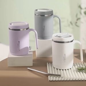 Cốc ly uống cà phê trà 500ml cho dân văn phòng loại 2 lớp trong inox 304 ngoài nhựa PP kèm ống hút