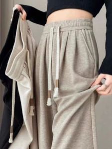 กางเกงขายาวทรงหลวมลำลองสีพื้นเอวยางยืดสำหรับผู้หญิง กางเกงขายาวทรงหลวมเอวสูง สไตล์สตรีท กางเกงขายาวทรงตรง