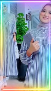 Baju Midi Dress Model Baru 2024 / Midi Dress Salur Wanita Kekinian / Gamis Katun Wanita Motif Salur