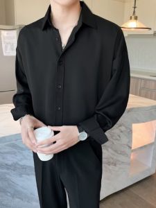 เสื้อเชิ้ตแขนยาวสีดำสำหรับผู้ชาย สไตล์ลำลอง ทรงหลวม คอโปโล สวมใส่สบาย ฤดูใบไม้ผลิ ฤดูใบไม้ร่วง ฤดูหนาว เสื้อเชิ้ตคอโปโล