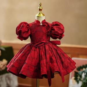 Summer New Childrens Princess Ball Gown Kids Bow Puff Sleeve Design Wedding Birthday Baptism Party Red Dresses For Eid A2051
