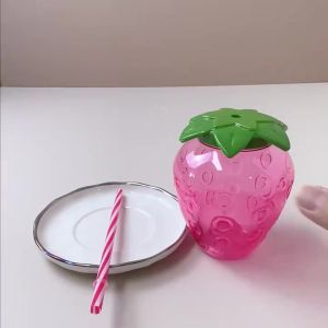 Summer Cute Strawberry Cup With Straw Creative Clear New Plastic Water Bottles For Girl Student Portable Cold Drink Water Cup