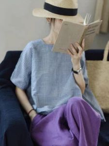 Summer 2024 Niche Style Linen Tops Womens Retro round Neck Short Sleeves Gingham Shirt Cotton and Linen T-shirt Artsy Small Shirt Women