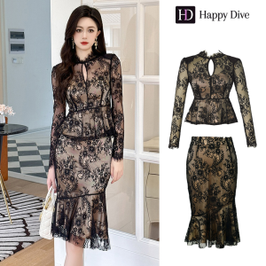 Happy Diva ชุดเซ็ท 2 ชิ้น ผญ เสื้อแขนยาว+กระโปรงหางปลา เดรสผู้หญิง ชุดลูกไม้ ชุดทำงาน ชุดไฮโซ ชุดออกงาน เดรสเซ็กซี่ 203913/2