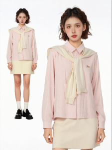 BAIDAIFEI | Spring Pink Long Sleeve Loose Cotton Shirt