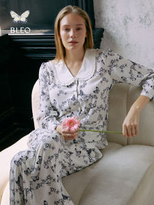 New BLEO2025 Spring Summer Long Sleeve Doll Collar Pants Set Sleepwear Home Clothes Butterfly Print Comfortable Viscose Fiber