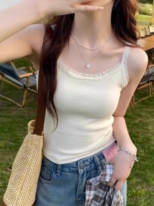 สลิมฟิตลูกไม้ตัดเสื้อกล้ามเสื้อกล้ามสําหรับผู้หญิงฤดูร้อนสไตล์เกาหลีผ้าฝ้ายไลคร่าเสื้อเซ็กซี่และบางความยาวสั้น