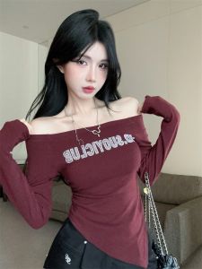GUZILIAN | American Letter Print Gathered Waist Baseline Shirt Women Fashion Spicy Girl Irregular One Shoulder Slimming Top