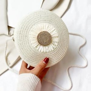 JILEI8621 Flower Graphic Round Straw Bag Mini Floral Decor Shoulder Beach Bag Fashion Lightweight Womens Crossbody Purse
