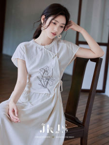 JK&JS | Tencel Cotton Linen Embroidery Qipao Dress Summer New Style Waisted Long Dress