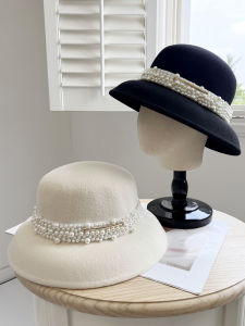 Elegant Hebe Style Pearl Woolen Fisherman Hat Womens Autumn Winter Fashionable Classy French Vintage Versatile Bowl Hat