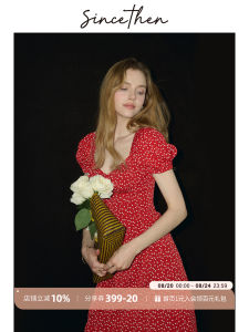 ชุดเดรสสั้นสีแดงสไตล์ฝรั่งเศส Sincethen ฤดูร้อนปี 2024 ชุดนางฟ้าแขนพองคอหัวใจลายดอกไม้ กระโปรงสั้น ชุดเดรสผู้หญิง