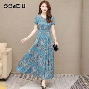 Herstore Summer Dress Plus Size Fragmented Flower Plus Size Large Swing Long Dress High end Short Sleeve Long Dress Over Knee