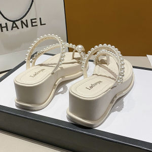 French Fairy Tale Thick Heel Toe-Over Sandals Womens Summer Outdoor Wear Pearl Fashionable Flats round Toe Casual Slip-On