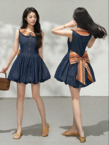 KEIKO | Vintage Floral Bow Sleeveless Summer Lightweight Denim Dress