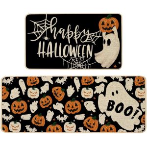 VIKAMA 2pc Halloween Kitchen Floor Mat Festive Atmosphere Corridor Non-Slip Strip Carpet Indoor And Outdoor Entrance Door Mat