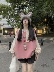 Cute Bear Embroidery Vest Vest Sweater Female Student Waistcoat Loose Knitwear Bandage Dress Shirt Top Suit