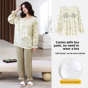 Miiow | Pure Cotton Sleepwear Womens Long Sleeve Set Summer Autumn Style With Chest Pad Home Clothes V-neck Casual Scene