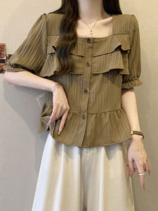 เสื้อเชิ้ตคอเหลี่ยมแขนสั้นสไตล์เกาหลีสำหรับผู้หญิงไซส์ใหญ่ในช่วงฤดูร้อน ทรงหลวม สีพื้น ความหนาปกติ