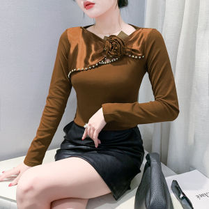 Fashion Flower T-shirt Womens Long Sleeve European Goods Stylish Beaded Tops Western Style Unique Chic Bottoming Shirt Women Fall and Winter