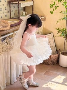 Girls Summer Ballet Performance Dress Soft Breathable Tulle Skirt High Waist French Style Polyester Blend Lightweight Short Skirt