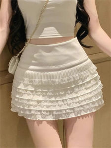 Korean Style High Waist Pleated Lace Short Skirt Womens Fashion Sweet Spicy Cake Half Body Skirts Commute Standard Fit