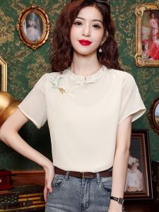 Loose Short Sleeve Snow Cap Shirt for Women New Fashion Chinese Style Modified Hanfu Qipao with Buckle T-Shirt