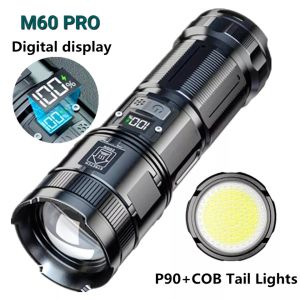 [SG Seller] M60 Pro High Power P90+COB LED Tail Light Zoom Flashlight Built-in 3x18650 Lithium Rechargeable Battery Pack Self Defense Torchlight USB Type-C Charging for Hiking Camping Outdoor Adventure Night Riding Security Safety Work Animal Rescue