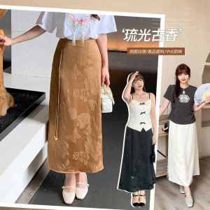 New Chinese Style Satin Embroidered A-Line Midi Skirt plus Size Slimming Long Skirt MM Womens Fashion Polyester Fiber