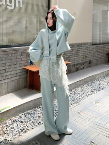 Mint Green Butterfly Knot Hoodie Set Womens Korean Style Lace Wide Leg Pants Three Piece Set Comfortable Short Sleeve Long Pants