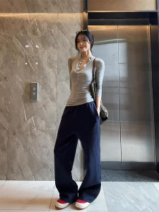 American Retro High Waist Straight Leg Casual Pants Womens Loose Wide Leg Floor Length Trousers Spring Autumn New Style