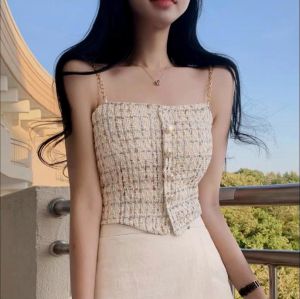 Tweed Beige Tube Top Small Fragrance Singlet Crop Top Ladies Korea Casual Plain Clothing 辣妹小香风法式抹胸上衣肩带短款内搭裹胸格子小背心露背防走光