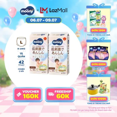 [SALE CUỐI THÁNG QUÀ SLCH] [Gói Jumbo - Mới] Combo 2 tã quần Moony dịu nhẹ L42 miếng - Nhập khẩu từ Nhật Bản