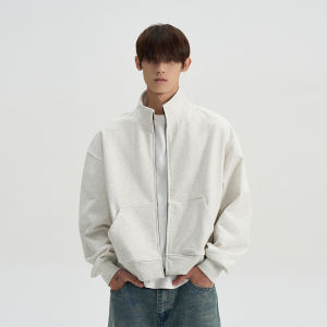 Áo Khoác Cardigan Zipper American High Street Cleanfit Dáng Rộng Cổ Đứng Màu Trơn Áo Nỉ Thời Trang Mùa Thu Dài Thường