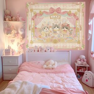 VIKAMA Màu Hồng Hoạt Hình Gấu Tấm Thảm Thiết Kế Nơ Dễ Thương Treo Tường Trang Trí Thẩm Mỹ Cho Phòng Ngủ Phòng Khách Ký Túc Xá