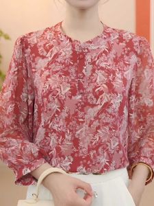 Elegant Floral Print Chiffon Shirt Three Quarter Sleeve Mom Style Top Anti Aging Womens Fashion Autumn New Arrival
